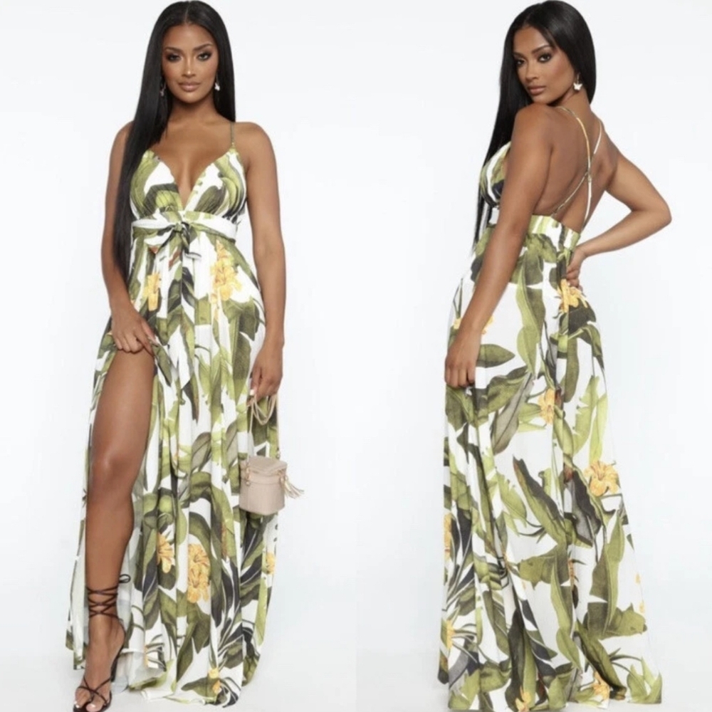Fashion Nova Bohemian Floral Leafy Garden Vacation Cocktail Slit Maxi Dress